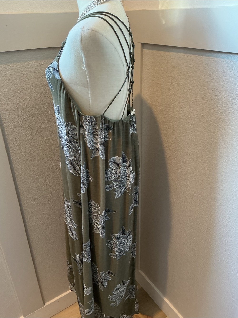 Love Stitch Olive Green Floral Maxi Dress with Black & White Print - Picture 4 of 10